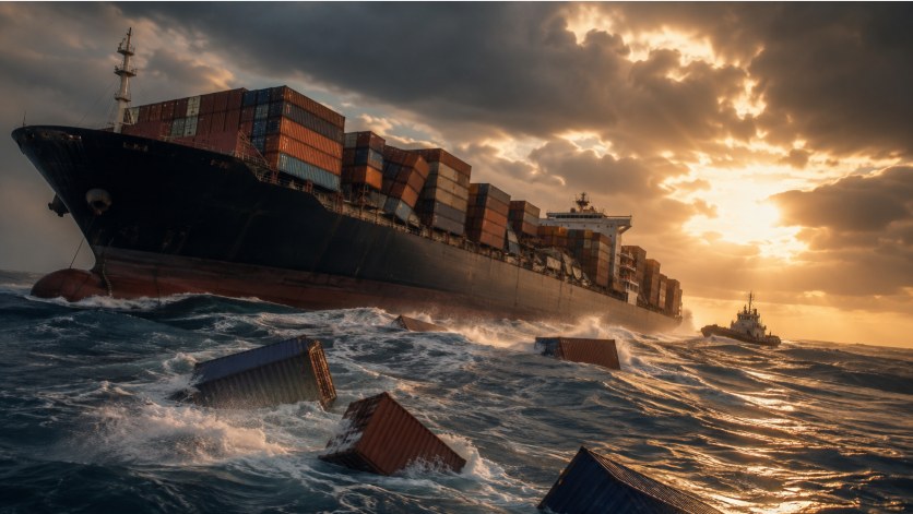 A large container ship listing in a storm at sunset with containers fallen overboard into rough seas and a tugboat approaching, illustrating a General Average maritime emergency