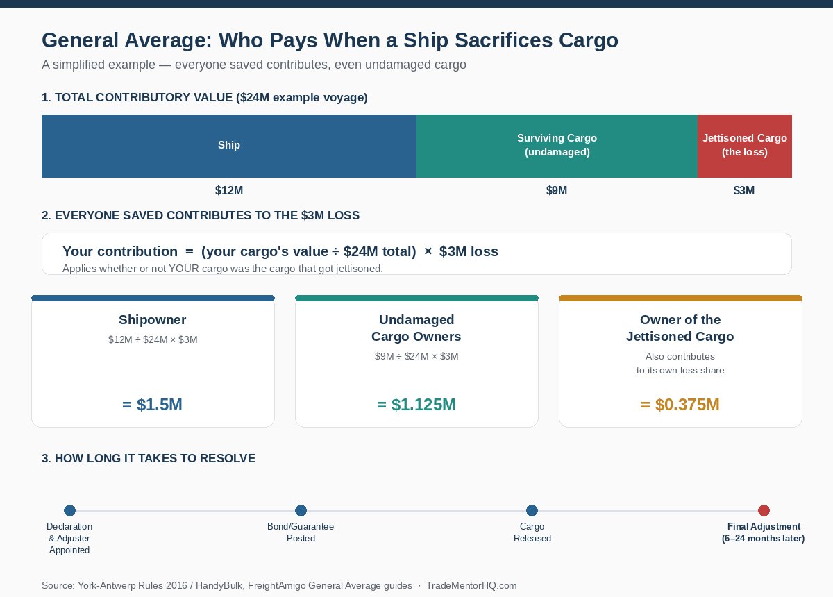 General average cargo damage contribution example: waterfall diagram showing how a $24M voyage splits costs among the shipowner, undamaged cargo owners, and the owner of jettisoned cargo, plus a timeline showing resolution taking 6 to 24 months