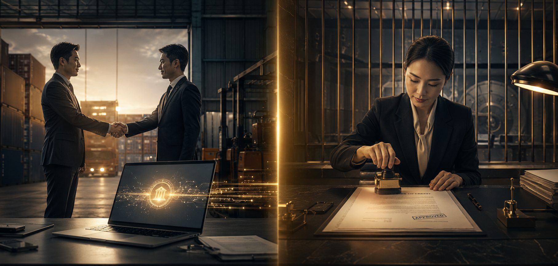 Split-screen image contrasting a fast handshake T/T deal at a warehouse with a bank officer formally stamping a Letter of Credit document