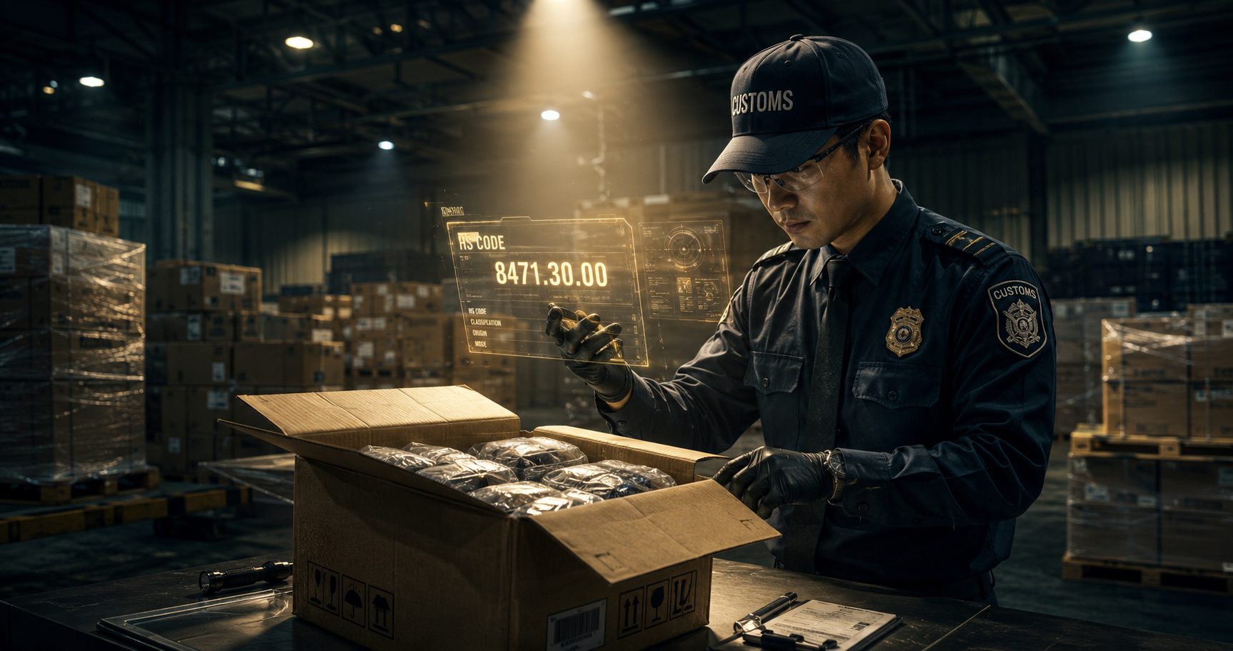 Customs officer inspecting an open cargo box in a warehouse with a holographic HS code classification display reading 8471.30.00