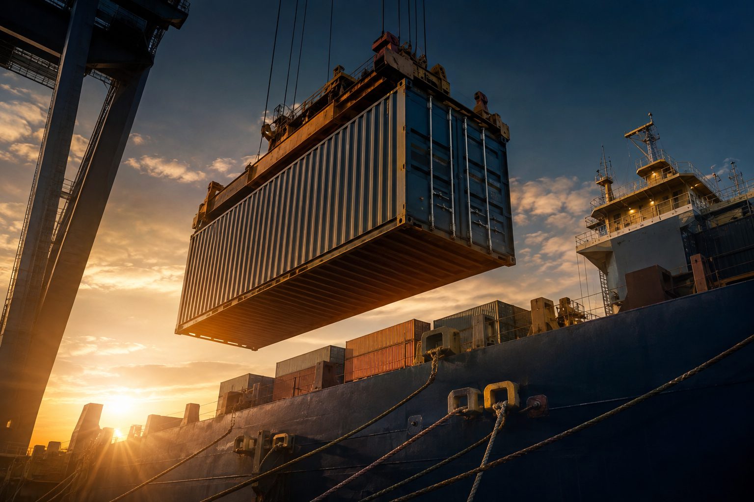 Shipping container suspended from a gantry crane being lowered onto a cargo ship's deck at golden hour, illustrating the moment of risk transfer under FOB and CIF