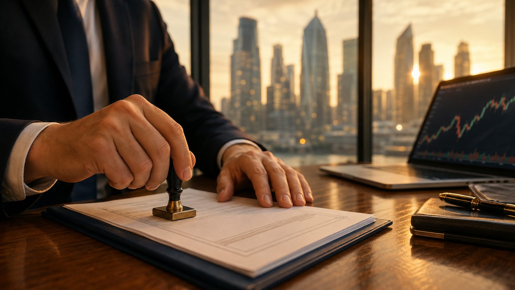 Close-up of a finance officer's hands stamping an international trade finance document at a desk, with a city skyline at golden hour in the background