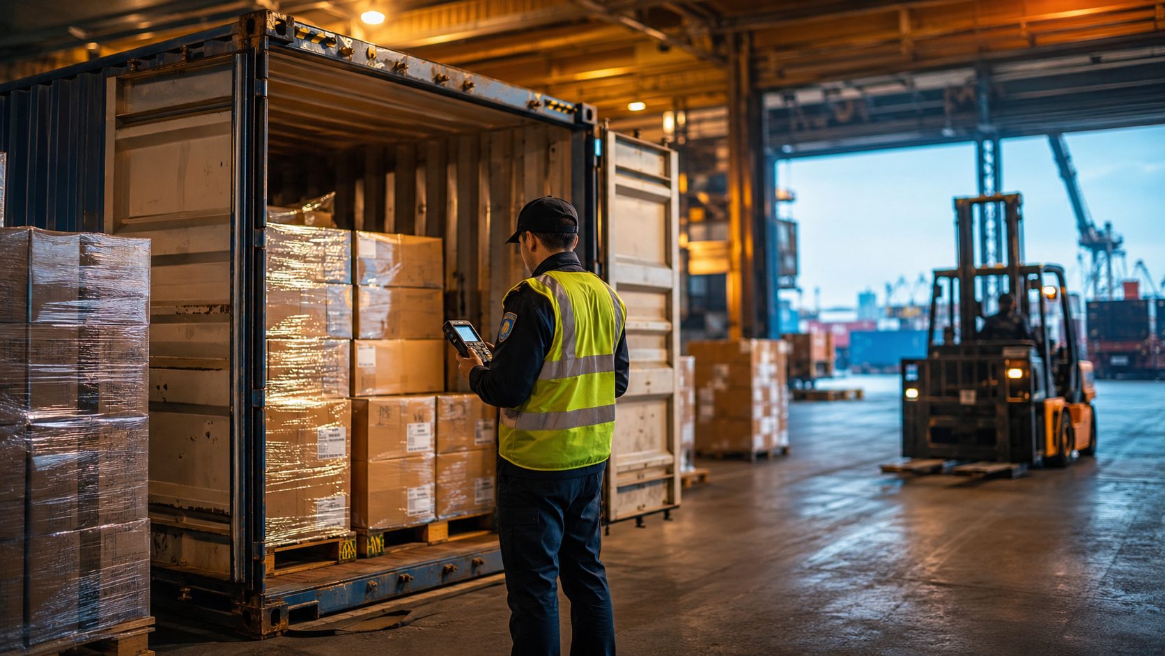 Customs officer in a high-visibility vest inspecting an open shipping container filled with palletized boxes in a bonded warehouse