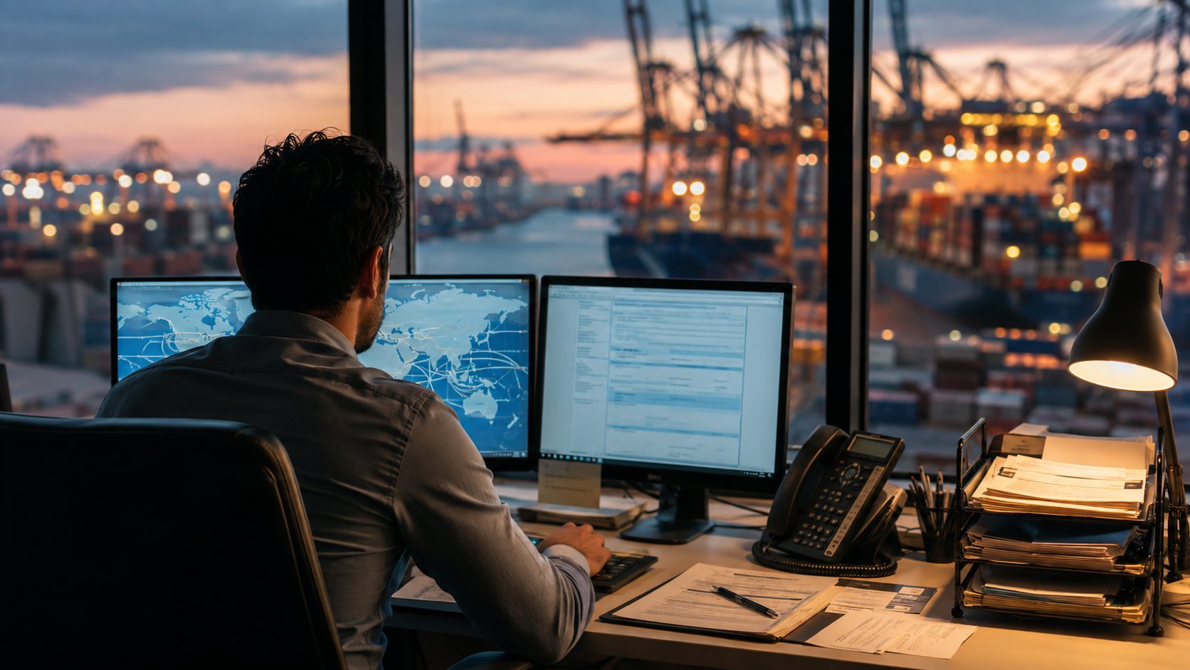 Freight logistics coordinator viewed from behind at a desk with dual monitors showing a shipping-route map and a document, overlooking a port with cranes and containers at dusk