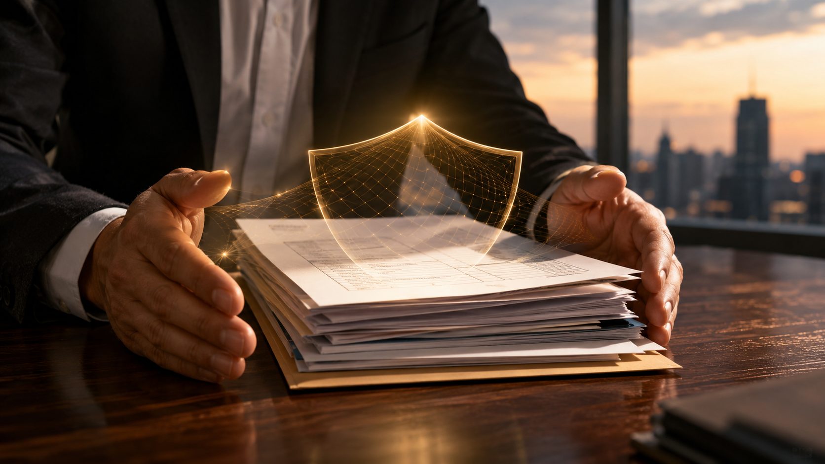 Businessperson's hands protecting a stack of trade invoices with a glowing golden shield, symbolizing trade credit insurance protection against buyer non-payment