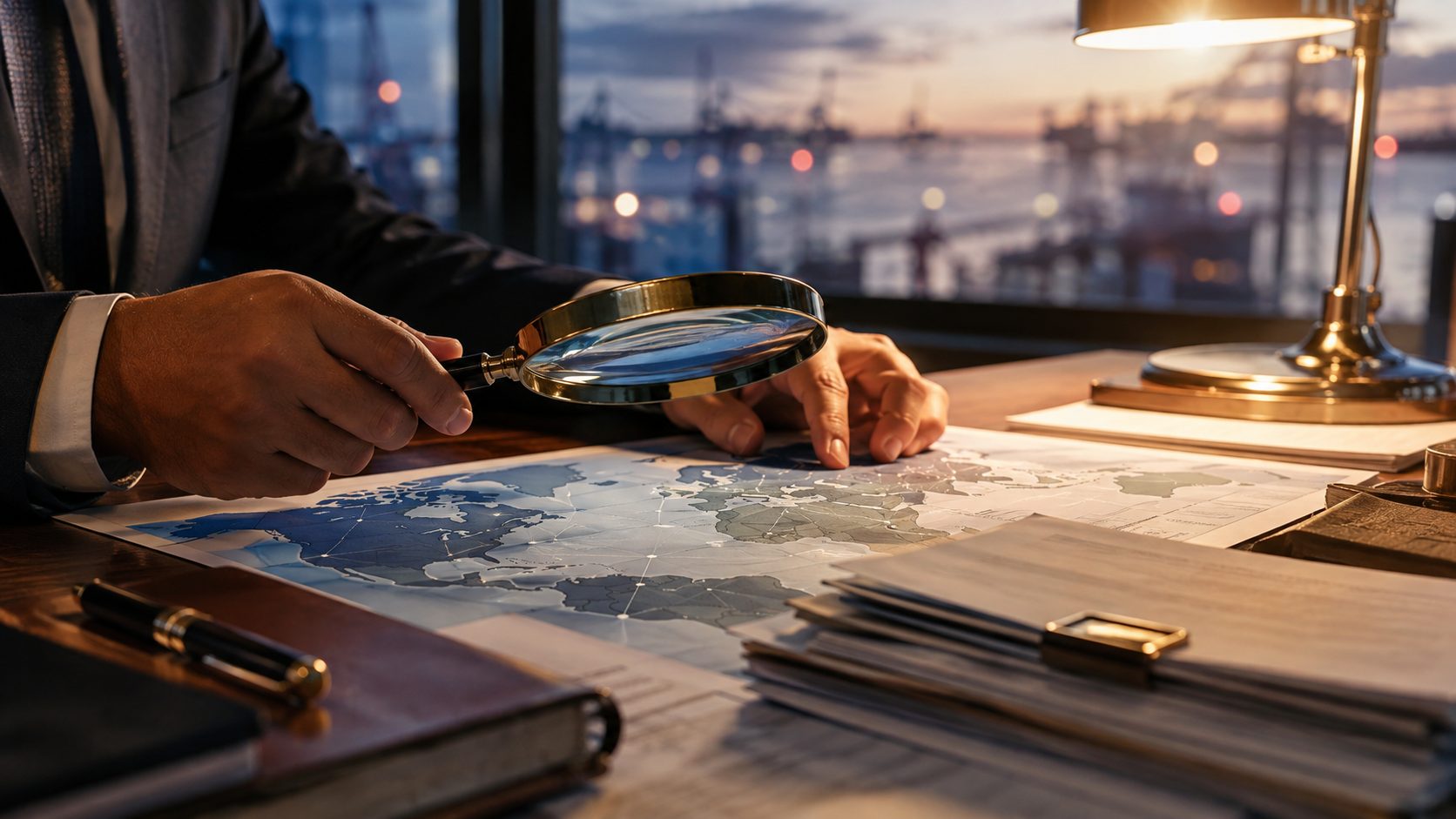A businessperson using a magnifying glass to examine a world map and trade documents, symbolizing due diligence when vetting an overseas buyer before shipping