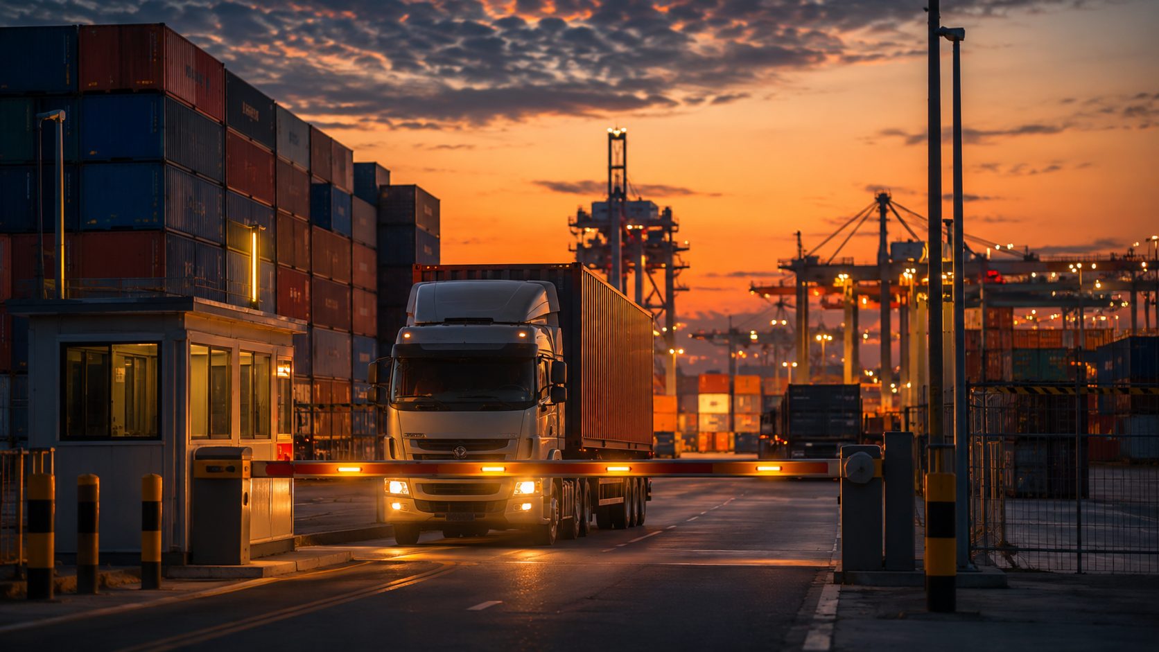 A truck passing through a customs checkpoint gate at a port at dusk, symbolizing the border handoff point between DAP and DDP Incoterms