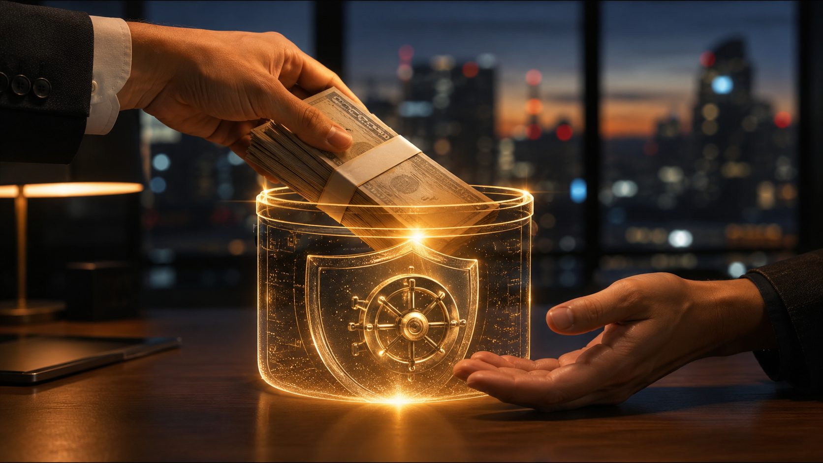 Hand placing cash into a glowing golden escrow vault symbolizing secure B2B trade payment protection
