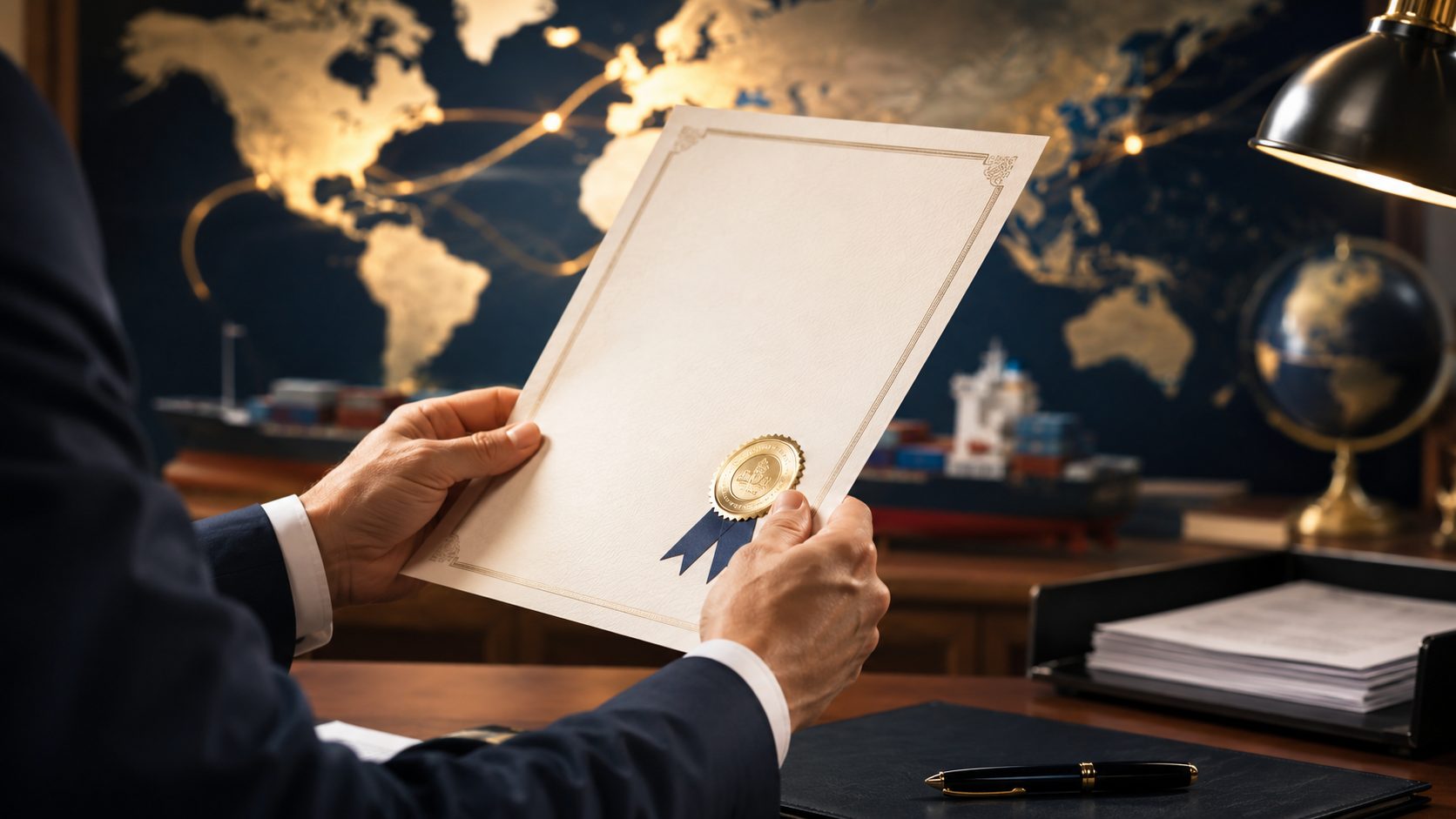 Hands holding a blank certificate of origin document with a gold wax seal, world trade map and cargo ship in the background