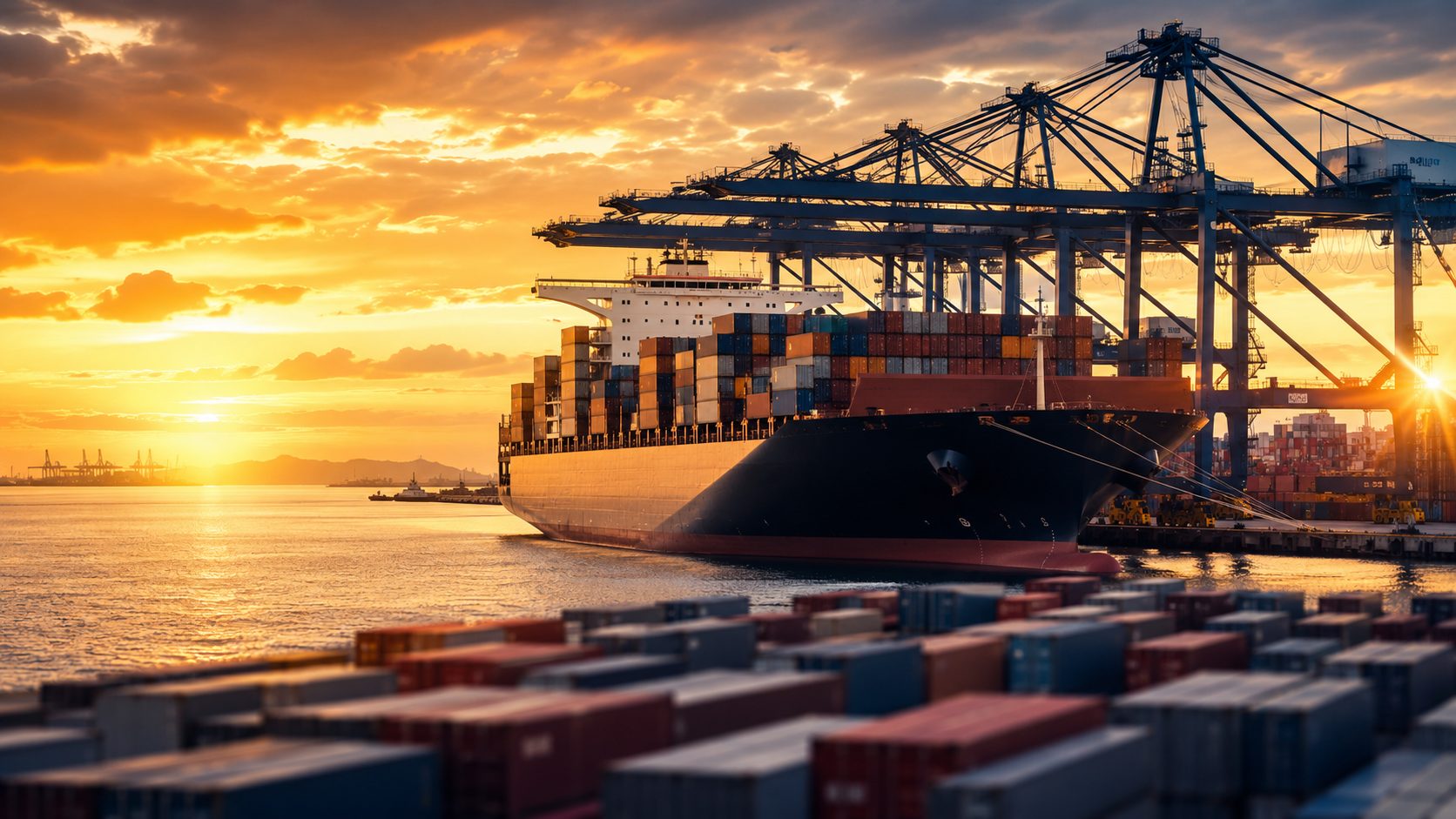 Container ship being loaded at a port terminal by gantry cranes during a golden hour sunset, with stacked containers in the foreground