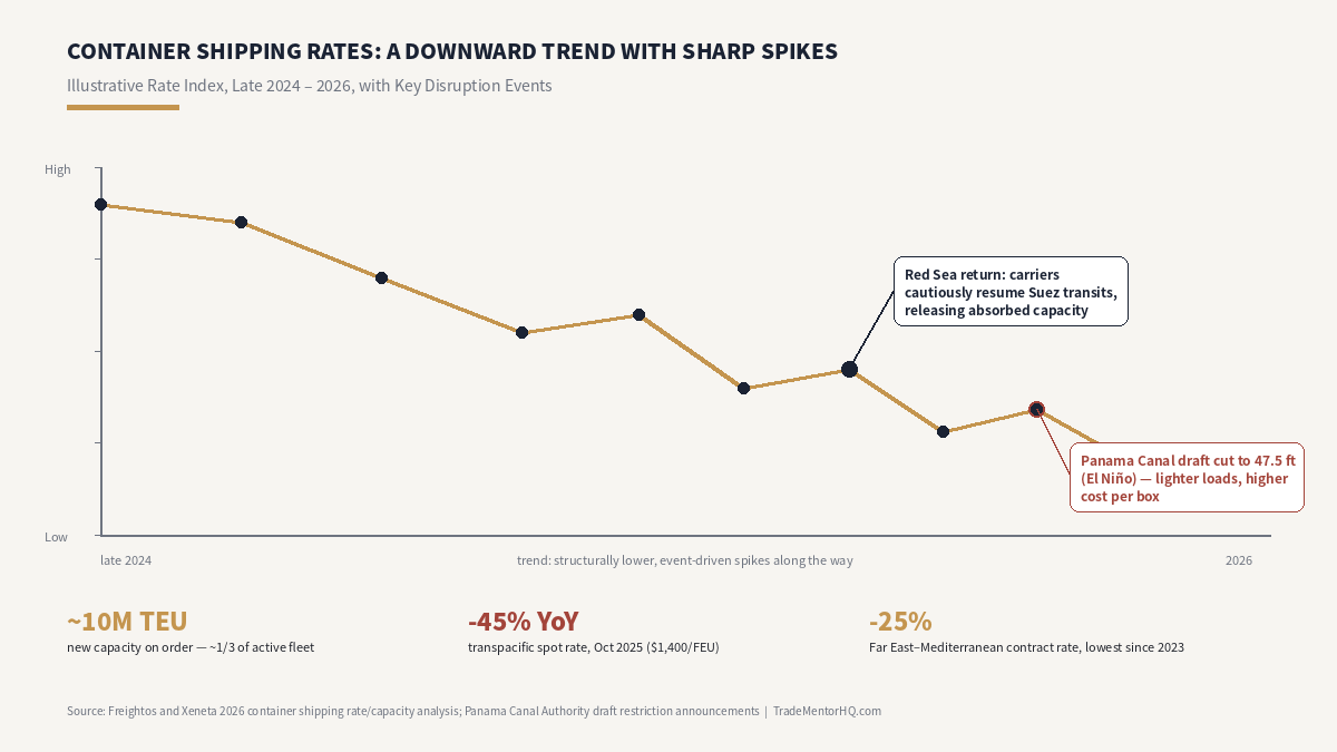 Container shipping rates 2026 line chart showing rate index trends with Red Sea and Panama Canal disruption spikes