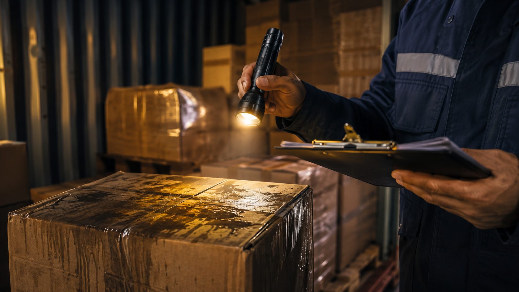Cargo surveyor inspecting a water-damaged cardboard shipping carton with a flashlight and clipboard inside a shipping container