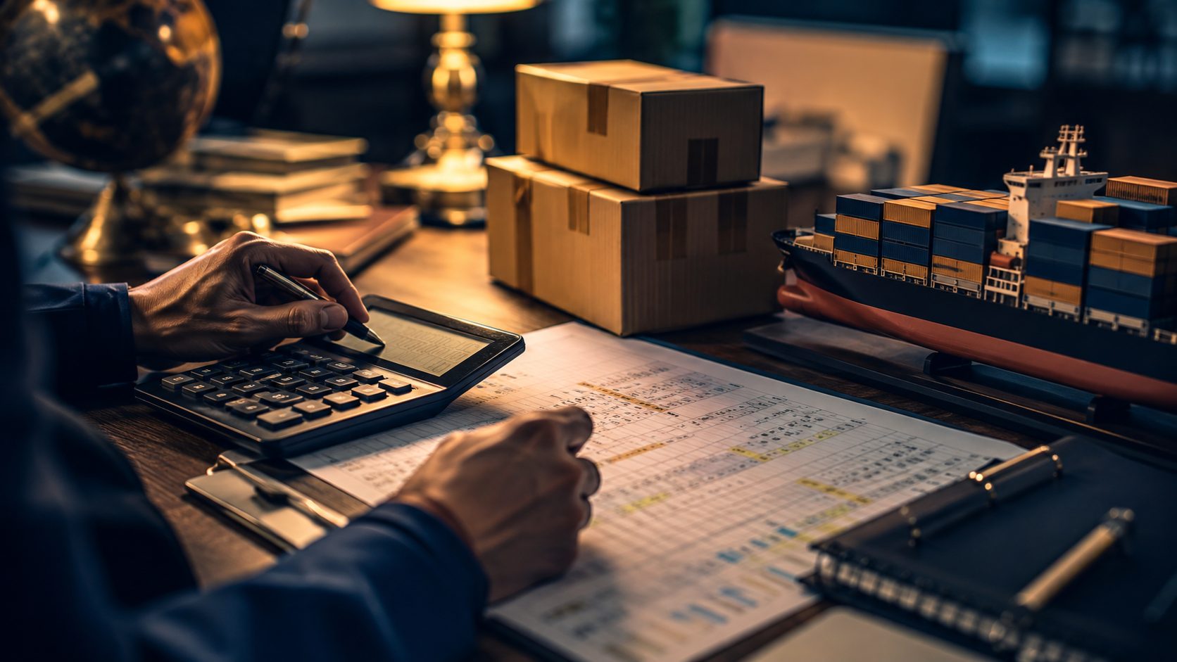 Close-up of hands using a calculator and reviewing a cost spreadsheet next to export shipping boxes and a model cargo ship