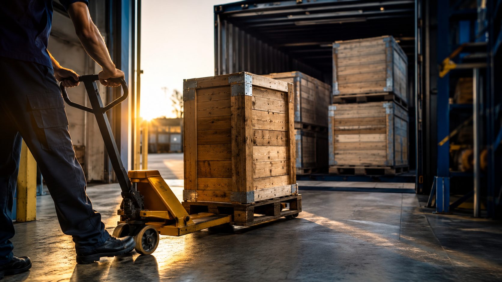 Worker's hands using a pallet jack to move a wooden crate at a factory loading dock at sunset