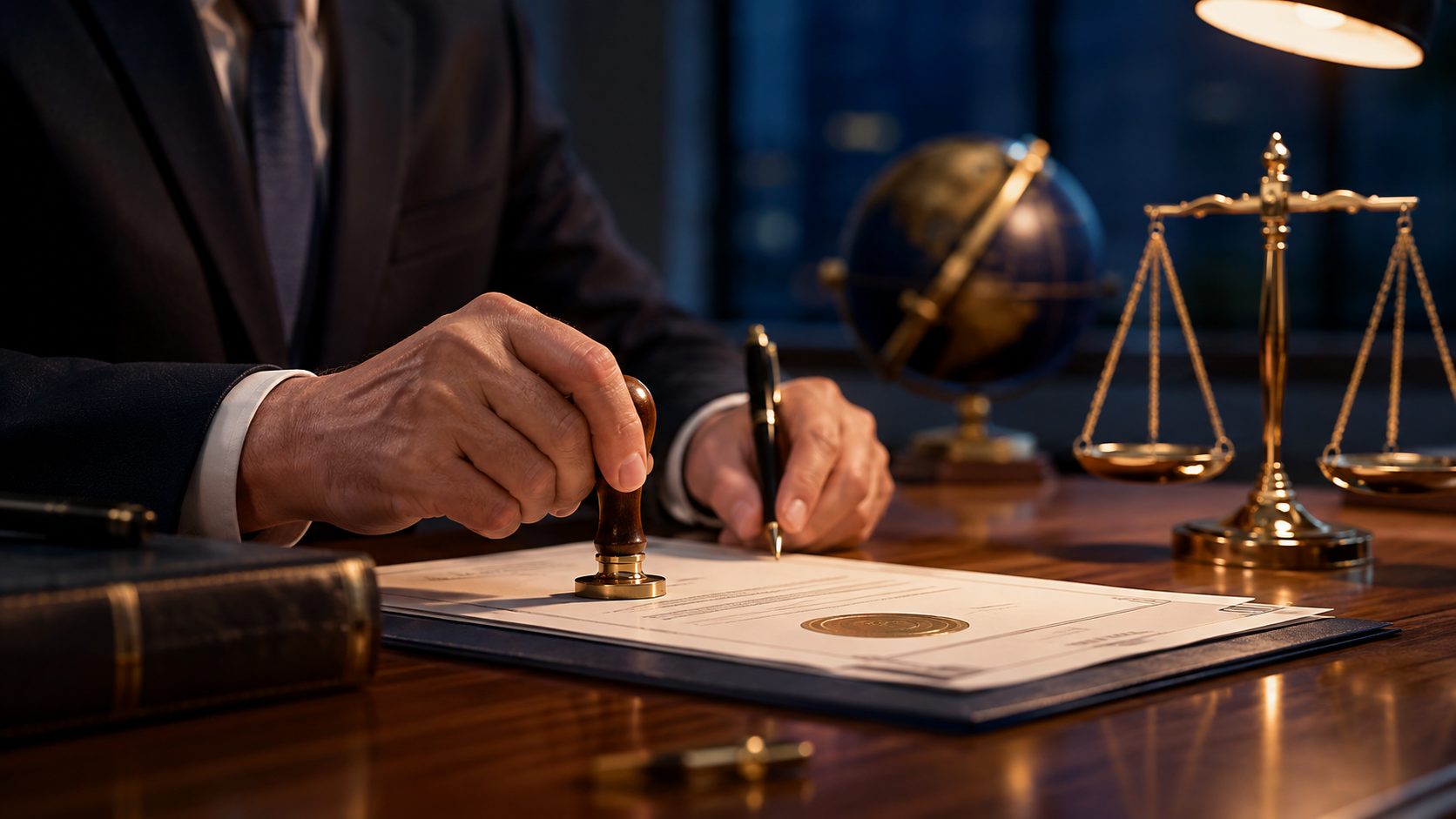 Bank officer's hands stamping and signing an official guarantee document with a brass scale and globe in the background