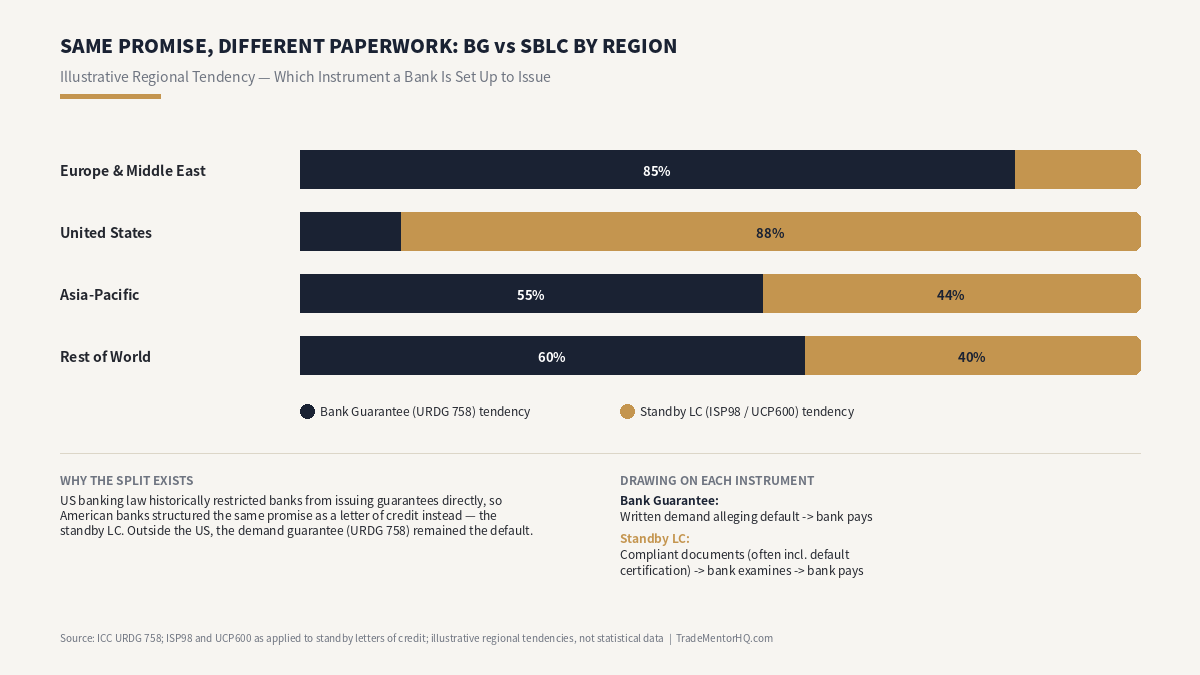 Bank guarantee vs standby letter of credit chart comparing regional prevalence and how each instrument is drawn