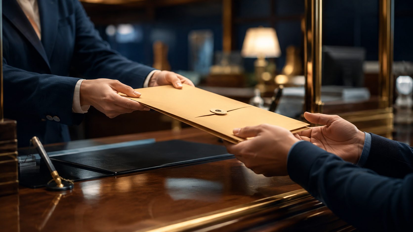 Bank clerk handing sealed documents across a counter, representing a documentary collection transaction