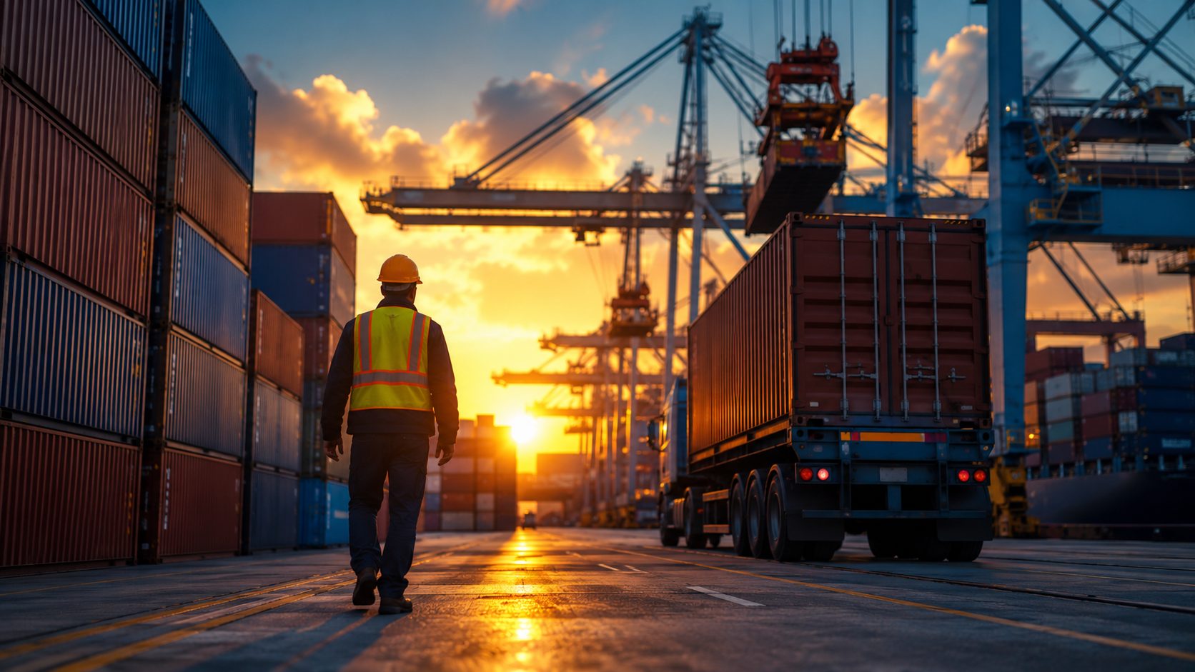 Port worker walking through a container yard at golden hour toward a truck loaded with a shipping container