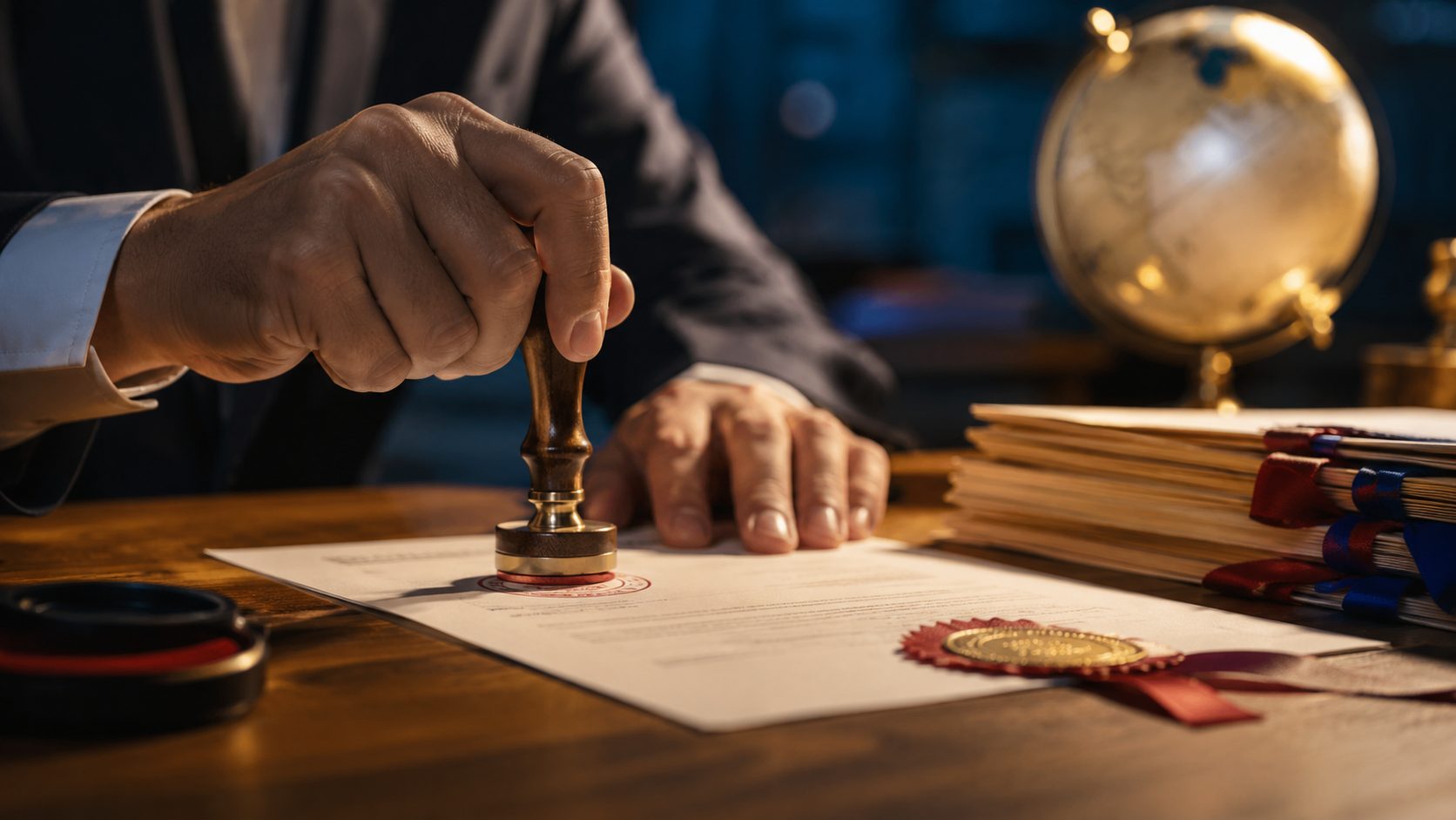 Hands stamping an official export document with a red seal, a globe in the background, representing certificate of origin documentation