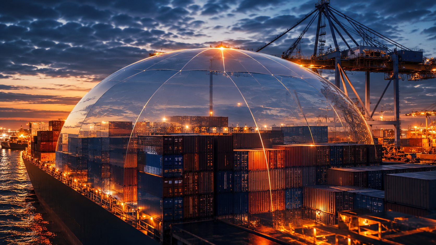 Container terminal at dusk with a translucent protective dome of light over stacked shipping containers, symbolizing cargo insurance coverage
