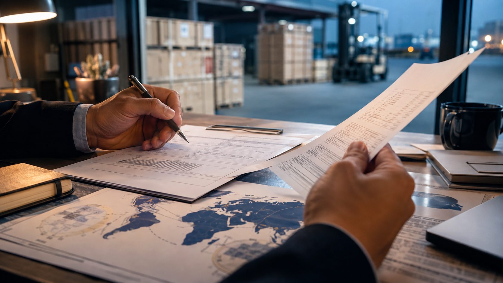 Hands reviewing export compliance paperwork and a world map document at a desk with a warehouse blurred in the background