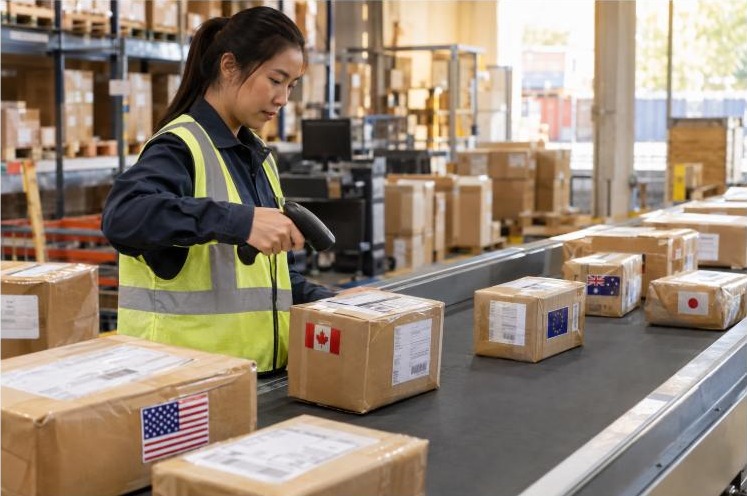 Warehouse worker scanning international parcels labeled with country flags showing duty-free limits by country
