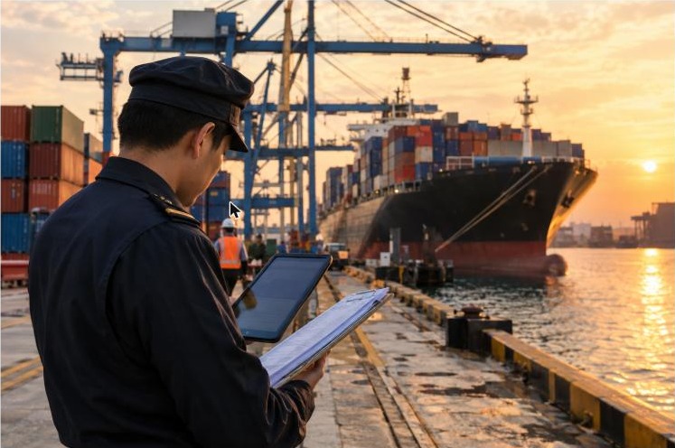 Customs officer reviewing shipping documents at a cargo port illustrating 2026 tariff rates on imports