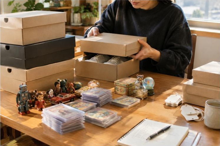 Person sourcing sneakers and collectibles at home, organizing shoe boxes and vintage items for resale