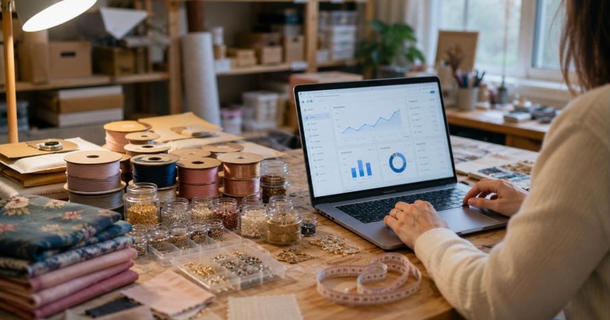 Imported craft supplies like ribbon and beads on a table next to a laptop, representing an Etsy side hustle with imported products