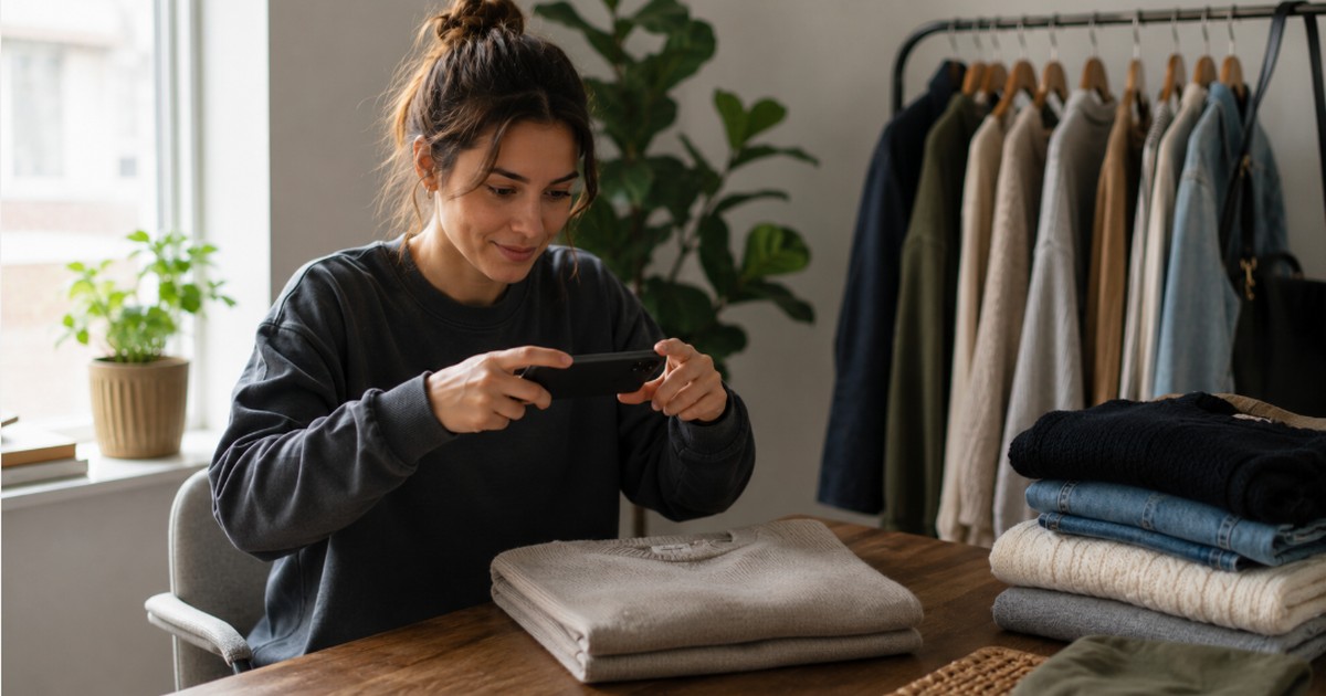 eBay vs Poshmark vs Mercari reseller photographing clothing for an online listing