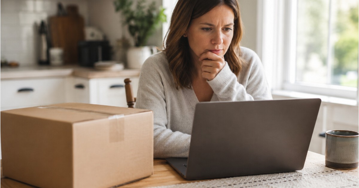 Woman checking a package stuck in customs tracking status on her laptop at home