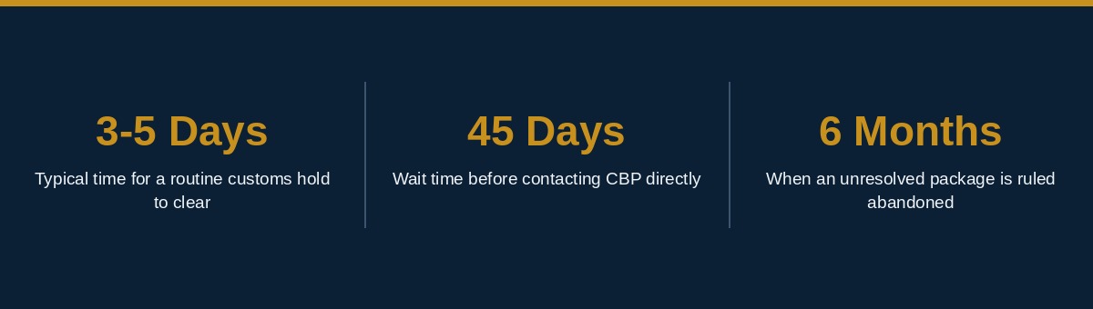 Timeline showing how long a package stuck in customs typically takes to clear, from 3 days to 6 months