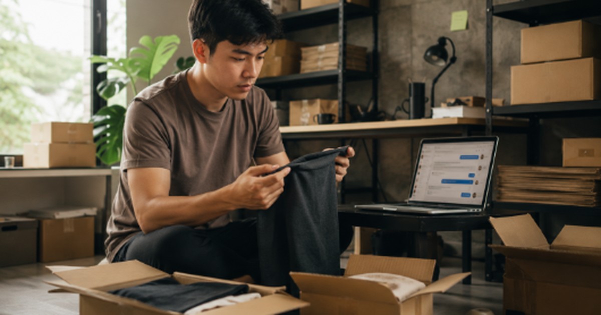 Alibaba for beginners: entrepreneur inspecting wholesale inventory from Alibaba shipping boxes