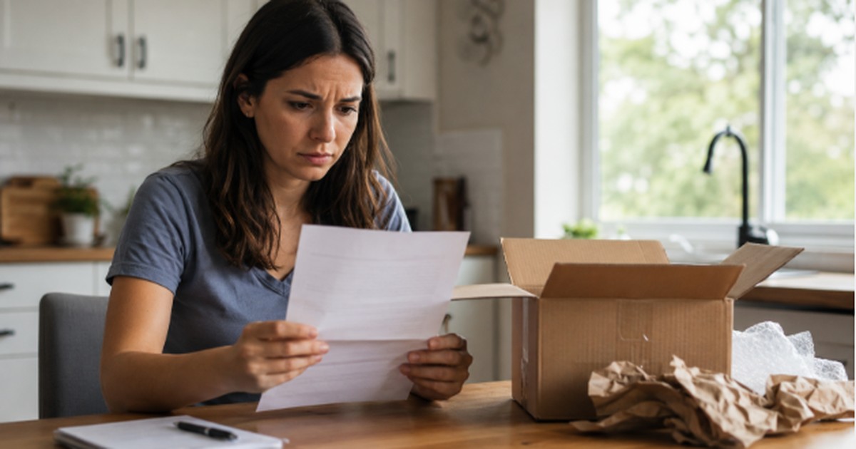 Worried woman reading an official notice letter next to an opened shipping box after her personal import gets seized by customs