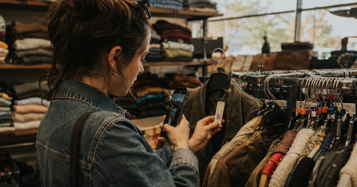 A woman checking a barcode with retail arbitrage price-scanning app on a jacket at a thrift store